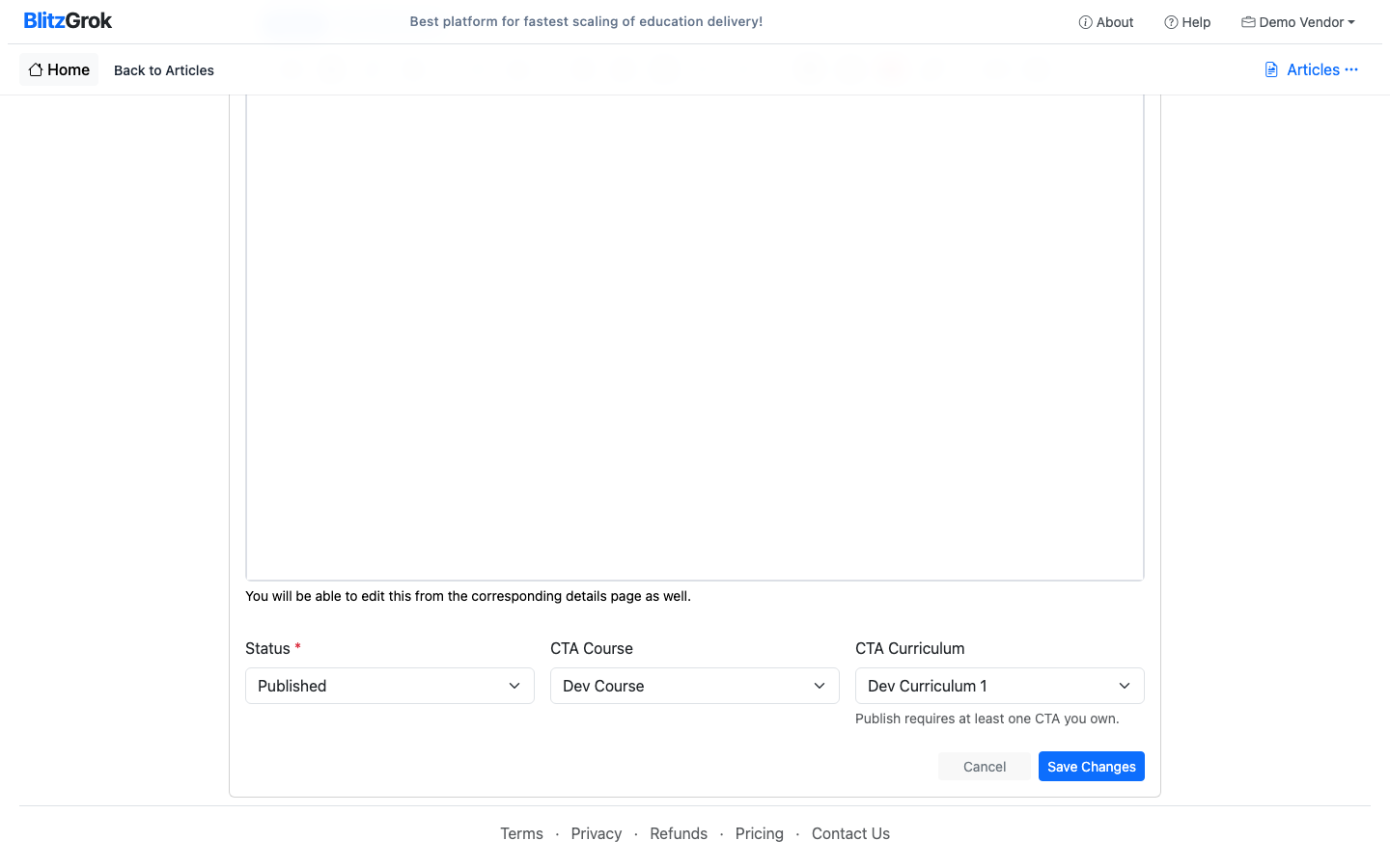 Status set to Published with CTA Course and CTA Curriculum selected